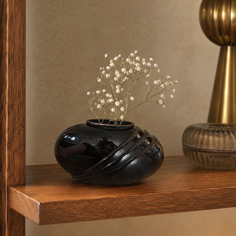 Two's Company 1983 Black Handblown Glass Vase Ribbed Art Deco 4"